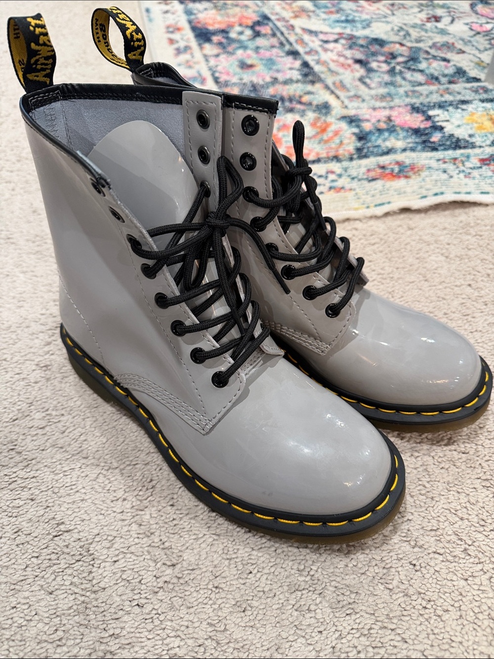 Dr. Martens Gray Patent Leather Lace-Up Boots with Yellow Stitching